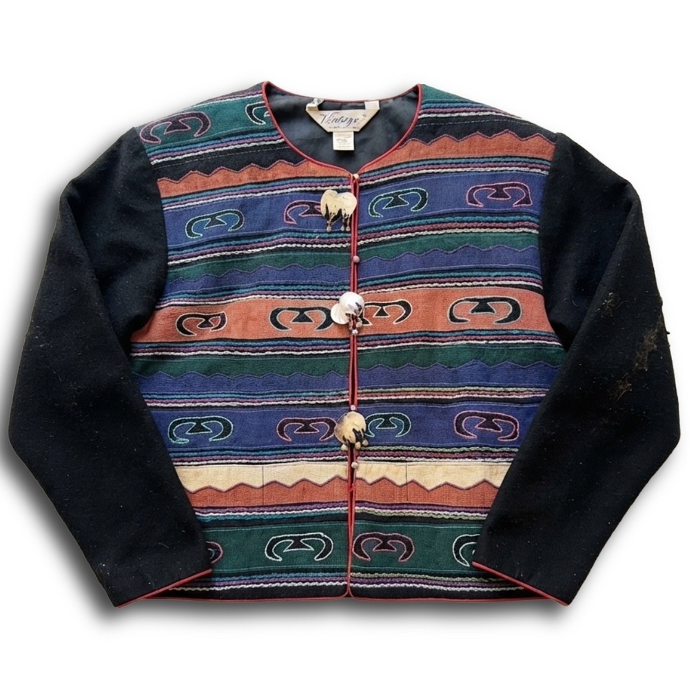 Vintage Thailand Tribal Woven Tapestry Elephant Button Jacket Medium